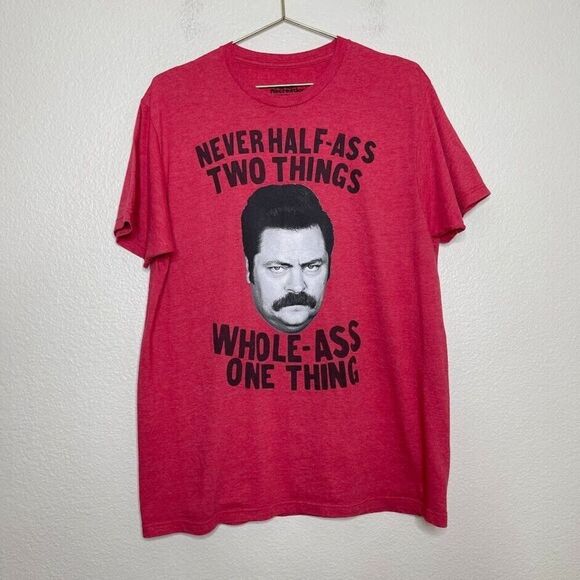 PARKS and RECREATION Shirt Large Red Ron Swanson Half-Ass Quote Graphic Mustache - Picture 1 of 5